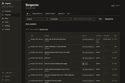 The reviewer’s queue in Sagenta: requests for Harborview Dental with their status, priority, who has them and how long they have waited, with filters and an urgent-first sort above.