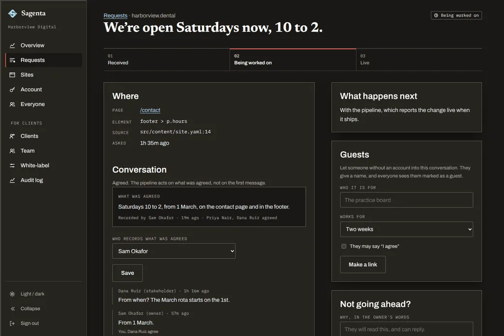 A request page in Sagenta: where it is on the page and in the source, what was agreed and who agreed with it, the conversation, and the reviewer’s triage.